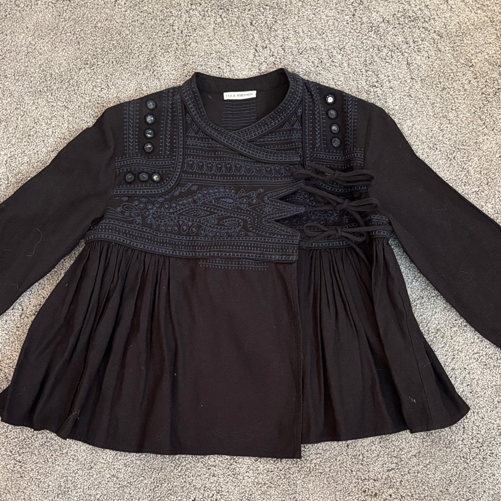Ulla Johnson Black Embroidered Long-Sleeve Peplum Top